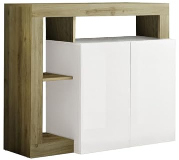 ARTURO - Buffet 2 Portes Blanc Laqué Encadrement Niches Aspect Bois Cadiz