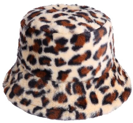 JJDreams Leopardenmuster Winter Fischerhut,Pelz Fischerhut Bucket Hat,Flauschige Fischerhut für Damen,Khaki