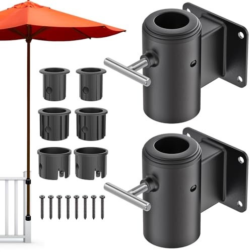 Dolibest Sonnenschirmhalter Balkongeländer, Terrassenschirm Halterung Balkon Befestigung 2er Schirmhalter Balkon Platzsparend mit 3 Reduzierhülse für 3-5cm Stangen auf Flache Oberfläche