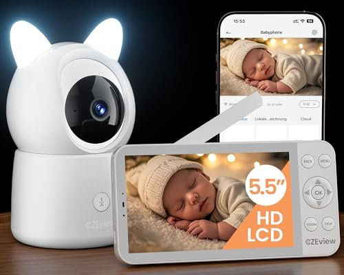 CZEview 5.5” 2K Camara Vigilancia Bebe, 360° PTZ Vigilabebes con Camara, Detección de Movimiento/Gritos, Audio de 2 Vías, Visión Nocturna, Control de Monitor & App (1 Cámara Blanca Incluida)