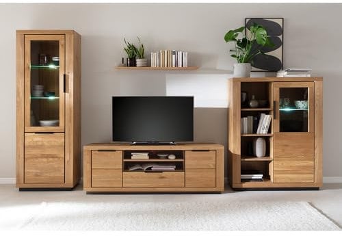 Wohnwand Wohnmöbel Set Eiche teilmassiv 4-teilig, 1 Vitrine, 1 Wandboard, 1 Lowboard, 1 Highboard inkl. Beleuchtung