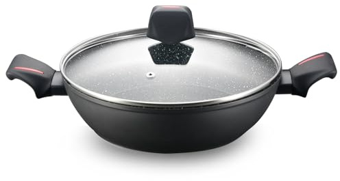 ROYALTY LINE, Pentola bassa in alluminio forgiato con rivestimento in marmo, compatibile con gas, elettrico, ceramica, alogena, induzione - 28 cm, colore marmo