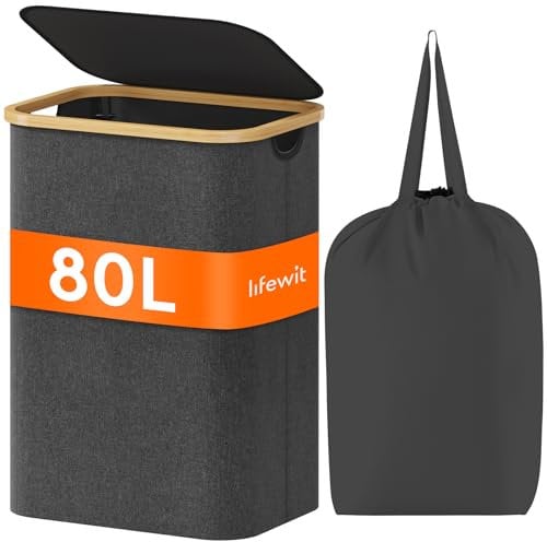 Lifewit 80L Laundry Basket with Lid, Clothes Hampers for Laundry with Bamboo Handles and Removable Laundry Bags, Large Foldable Laundry Hamper for Bedroom, Bathroom, Dorm,Laudry Room, Dark Grey