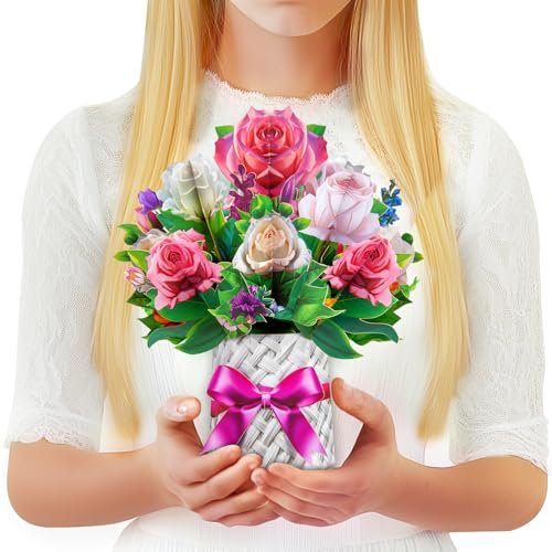 GREETING ART 3D Pop-Up Rose Karte, 3D Pop-Up Blumenstrauß, Geburtstagskarte, Hochzeitskarte, Jubiläumskarte, Valentinstagskarte, Muttertagskarte für Frauen, Mama und Ehefrauen