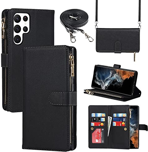 Cavor Coque Compatible avec Samsung Galaxy S22 Ultra Etui avec Cordon,Flip Portefeuille Pochette Étui en Cuir,[9 Porte Cartes][Longue Cordon][Double Boucle],Collier Housse Etui - Noir