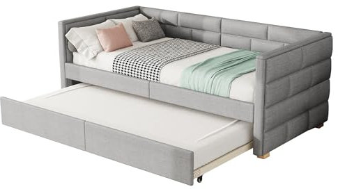 Merax Schlafsofa 90x200 cm, Tagesbett ausziehbar mit Ausziehfunktion Einzel- & Doppelbett, Kinderbett Holzbett mit Lattenrost, Sofabett Jugendbett für Wohnzimmer/Schlafzimmer/Gästezimmer, Grau