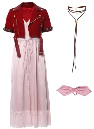 cultofmoon FF7 Costume de cosplay - Robe Aerith avec veste - Tenue rouge - Robe rose - Collier - Bandeau - Aerith Gainsborough - Cosplay - Pour femme - Halloween - Costume de carnaval