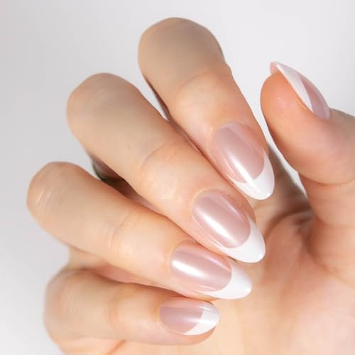 MOYOU LONDON French Tip False Nails - Short Almond Press On Nails, 32 Pcs Soft Gel Fake Nails with Glue in 16 Sizes, Reusable Natural Stick On Nails for Women, Silk Touch