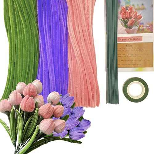 CBRVTY 321 Stück mit 300 Pfeifenreiniger Blumen Set 3 Farben, 300 Stück 7mm Dichter Pfeifenputzer zum Basteln Blumen mit 20 Blumenstöcke 1 Rolle Blumenklebeband (3 Color)