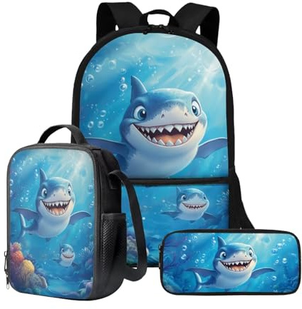 Wnbucioht Ensemble sac à dos et sac à déjeuner pour filles, enfants, cartables 3 en 1 personnalisés, sacs à déjeuner isothermes, Ocean Animal Shark, Taille unique, Ensemble cartable