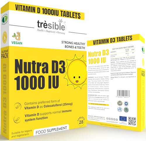 Tresible Vitamin D 1000IU Tablets (1-Month Supply) - High Strength Vitamin D Tablets to Support Immune System, Teeth, Bones, and Muscles - 28 Count Vitamin D3 1000 IU Tablet for Children and Adults
