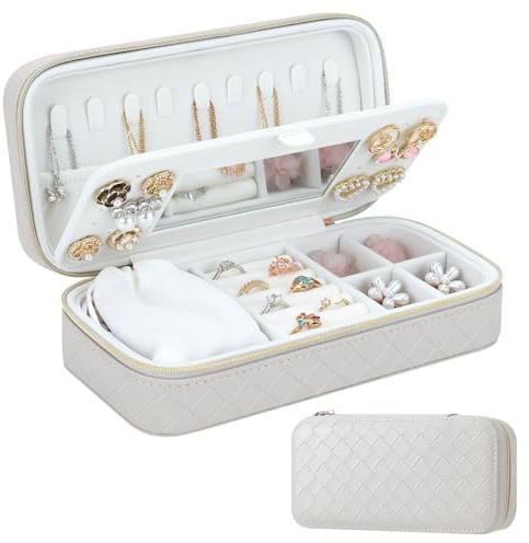 DesignSter Schmuckkästchen, kleine Tragbare Reise Schmuckaufbewahrung für Damen, Gewebtes Geprägtes PU Schmuckschatulle mit Spiegel für Ohrringe, Halsketten, Ringe, Armbänder, Grau
