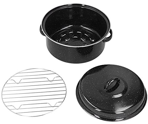 Bratpfanne mit Gestell und Deckel, abgedeckter ovaler Bräter, Emaille-Brätertopf, gleichmäßig erhitzende Braten-Backform für Puten-Hühnerfleisch-Gemüse