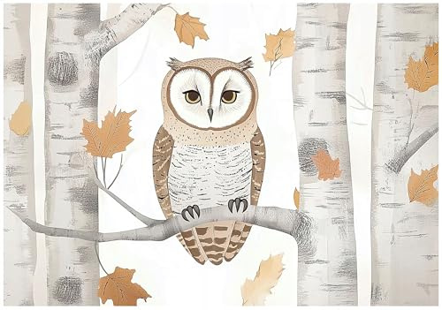 WallArena - Papier peint panoramique intissé für Mädchen und Jungen Hibou 200x140 cm - Papier peint photo non tissé - Pour salon et chambre à coucher - Effet 3D - Animaux dans la forêt, blancs