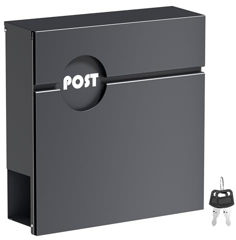 Wiltec Briefkasten Anthrazit V62 aus Stahl 37 x 11 x 37 cm, Wandbriefkasten mit Zeitungsfach und Schlüssel