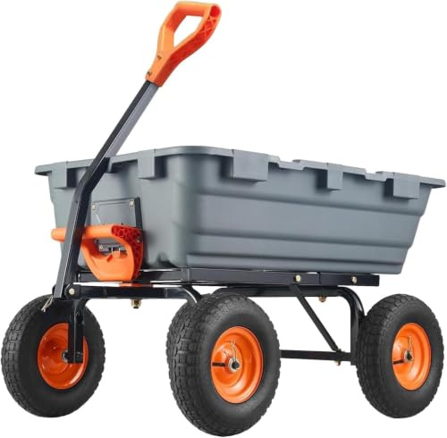 Brouette de jardin de 800 lbs avec fonction basculante, 4 roues avec pneus pneumatiques de 10, bac en polypropylène, poignée réglable en hauteur, inclinable, pour jardin, cour, transport, bois, terre