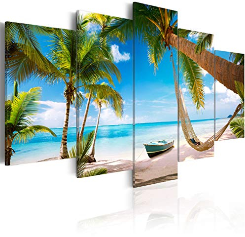 decomonkey Bilder Strand Palmen 225x112.5 cm 5 Teilig Leinwandbilder Bild auf Leinwand Wandbild Kunstdruck Wanddeko Wand Wohnzimmer Wanddekoration Deko Meer Insel