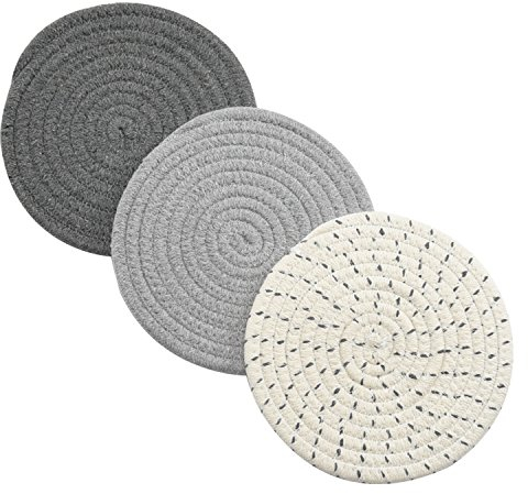 Jennice House - Set di 3 sotto-pentole, 100% puro cotone, con fili intrecciati, set di 3 eleganti sotto-pentole/poggia-cucchiai per cucinare e cuocere al forno, diametro 18 cm