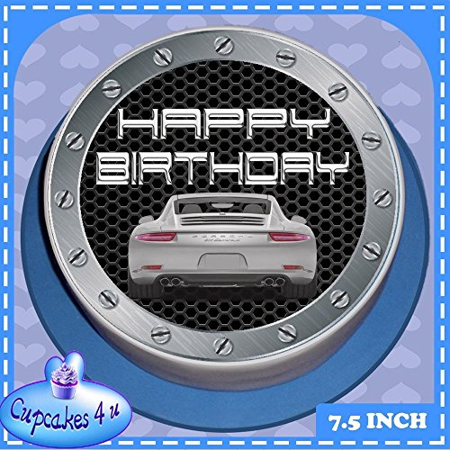 SILVER SPORTS CAR HAPPY BIRTHDAY 7.5 INCH PRE-CUT EDIBLE ICING CAKE TOPPER DECORATION CC7402