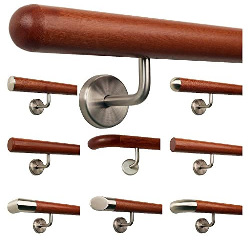 TIBU Mogano Corrimano in legno di corrimano per scale manico in acciaio inox angolato, lunghezza 30-500 cm in un unico pezzo, lunghezza 170 cm con 3 supporti - estremità emisfero fresato
