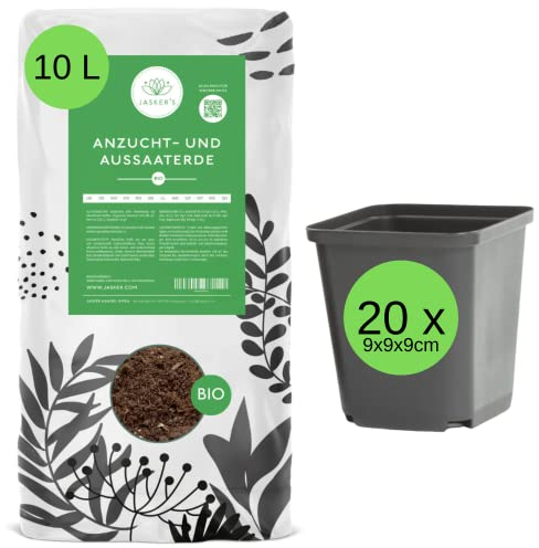 Bio Anzuchterde 10 L + 20 x Anzuchttöpfe eckig - Aus 100% nachwachsenden Rohstoffen - Aussaaterde für Gemüse, Kräuter, Stecklinge, Tomaten, Chili - Saaterde - Aufzuchterde - Anzuchtserde