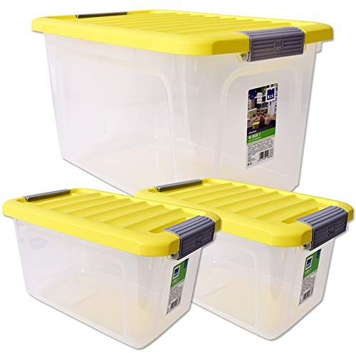 teprovo KIS 3 Stück Aufbewahrungsbox Set – Klarsichtboxen mit Deckel – Stapelbehälter Ordnungsbox – 5 Liter und 15 Liter – Mehrfarbig