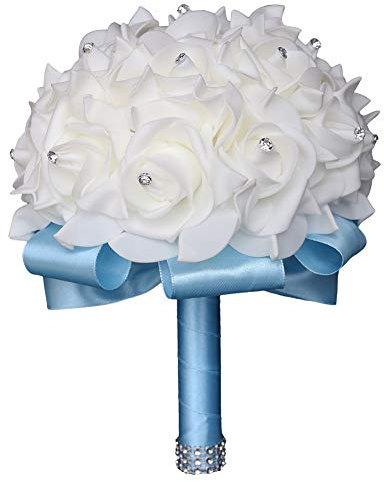 Flonding Bouquet da sposa, bouquet blu per sposa damigella d'onore con nastri morbidi di diamante, rosa artificiale da sposa, fiori per feste in chiesa