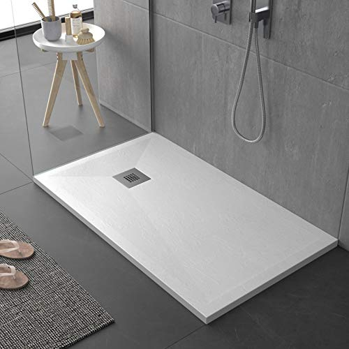 Receveur de douche blanc en mineralmarbre complet série Sierra, slim 3 cm, revêtu de Gelcoat, antidérapant