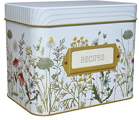SENSORY4U Rezeptbox aus Blech mit Karten – Wildblumen-Druck – inklusive 100 Karten im Format 10 x 15 cm und 12 Trennblätter – schöne dekorative Blechdose Blumengeschenk