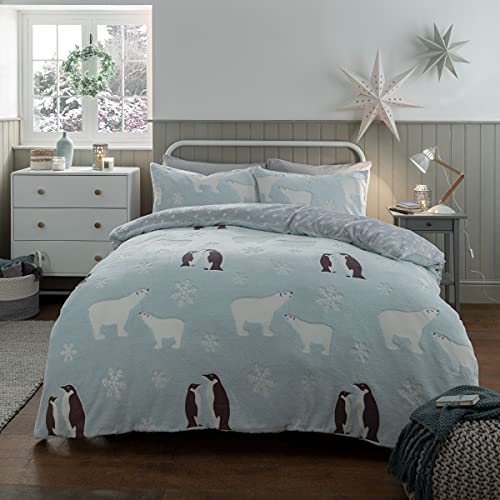 Sleepdown Bettbezug-Set mit Kissenbezug, Pinguin und Eisbär, leuchtet im Dunkeln, wendbar, graues Fleece, wärmend, kuschelig, superweich, für Einzelbett (135 x 200 cm), Enteneigrau