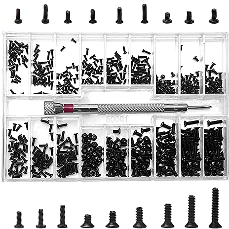 YIXISI 500 Stück Kleine Schrauben Sortiment Kit, M1.2 M1.4 M2 Winzige Mikroschrauben, Uhrenbrille Computer Ersatzschrauben Kit, Edelstahl Winzige Reparaturschrauben Set mit Schraubendreher, Schwarz