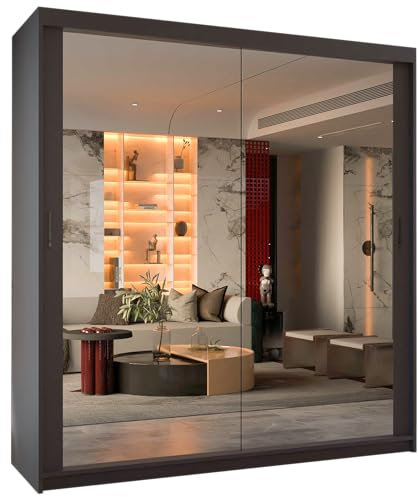 MN Furniture Double Sliding Doors Wardrobe Bedroom Furniture Cupboard Clothes Storage Organiser Hanging Rail Shelves (203 CM, GREY)