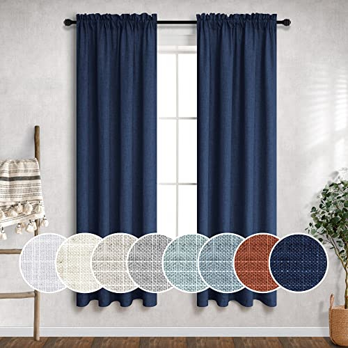 Marineblaue Leinenvorhänge 96.5 cm breit für Schlafzimmer, 2 Paneele, Stangentasche, Lichtfilter, halbtransparent, dunkelblaue Vorhänge für kleine Fenster, schmal, 96.5 cm breitx160.2 cm lang, Indigo