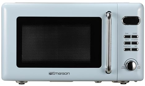 Emerson MWR7020BL Horno de microondas retro compacto con control de botón, visualización LED, 700 W, 5 niveles de potencia, 8 menús automáticos, plato giratorio de vidrio y bloqueo seguro para niños,