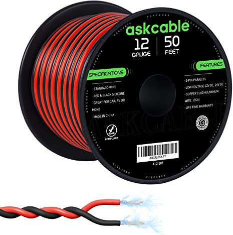 Askcable 12Gauge 50FT Electrical Wire Cable Flexible Wire Extension Cord 12AWG Copper Clad Aluminum Copper Wire 2 Conductors Red Black Parallel Wire line Hookup LED Lighting Strips 12V/24V DC Cable