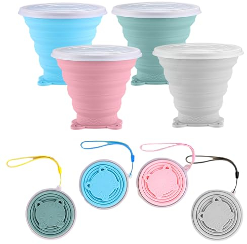 Ksvaye 4pcs Gobelet Pliable Tasses Pliables en Silicone pour Camping Voyage Tasse De Voyage Pliable Plus Grande Capacité 250ML Mug à Café Réutilisable Tasse à Café Coupe de Voyage Légère Sans BPA
