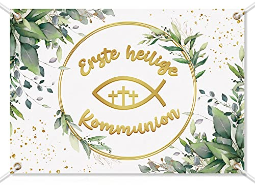 COLOFALLA 170x120cm Kommunion Deko Banner Erstkommunion Erste heilige Kommunion Dekoration Gold-Grün Neutral Hintergrund Hängedeko für Junge Mädchen Wand Party