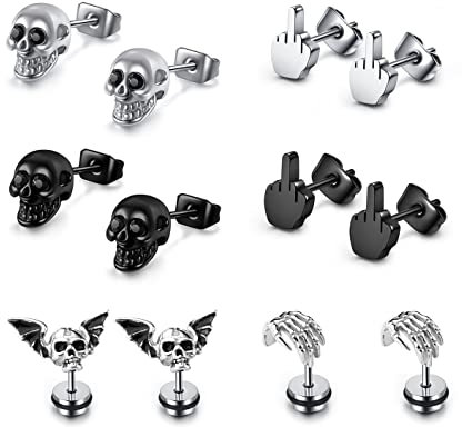 PiercingJak 6 Pairs Gothic Skull Earrings for Men Women Punk Stainless Steel Silver Black Finger Stud Earrings Rock Ear Piercing Earrings Gothic Jewellery for Halloween