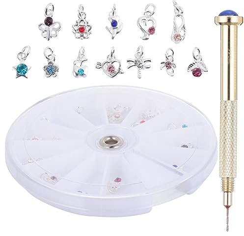 FOMIYES Nail Piercing Tool with 24Pcs Dangle Nail Jewellery Charms Set Portable Hand Drill for Creative Manicure Designs and Home Salon Use