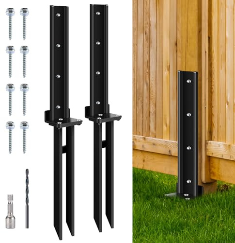 2 Pack Fence Post Anchor Kit, Heavy Duty Steel Fence Post Repair Stakes, Post Anchor Ground Spike for Repairing Tilted Broken Wood Support, Black