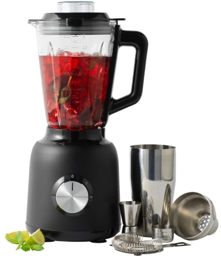 Salter Professional Mixologist Blender 1.5L Glass Jug, 800W | 2 Speed Settings, Stainless Steel Blade, Ice And Frozen Fruit Crushing, Cocktail Shaker Strainer And Jigger Included
