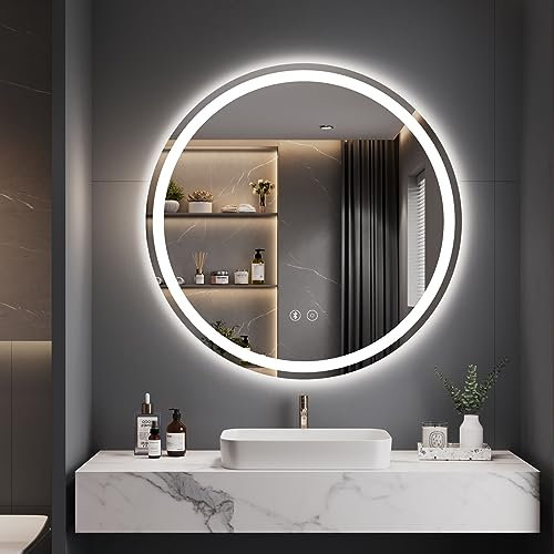 Dripex 600 mm Bluetooth Round LED Bathroom Mirror, Illuminated Circle Bathroom LED Mirror with Speaker, Anti-fog, Wall Mounted, 3 Lighting Modes, Dimmable, Front+Backlit, IP44