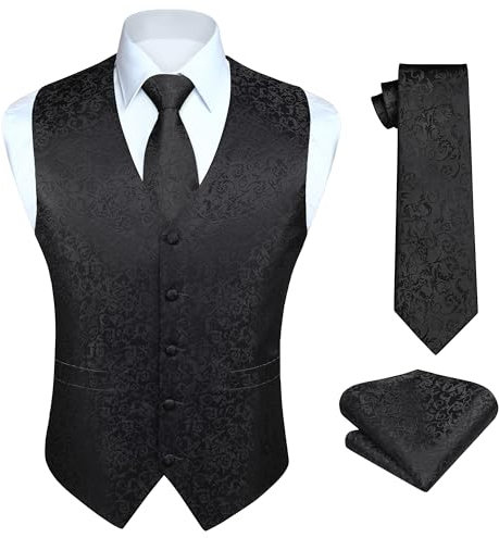HISDERN Paisley Anzugweste für Herren Schwarz Hochzeit Weste Krawatte Einstecktuch Taschentuch Jacquard Floral Weste Herren Anzug Set XL