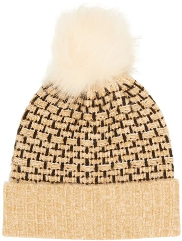 KAFFE Women's Hat Knitted Accesory Slim Fit Folded Edge Faux Fur Pom-pom
