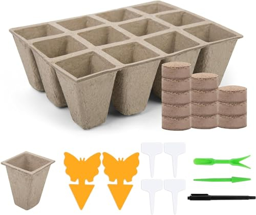 FEBCAT Catch Degradable Semilleros de Germinacion, Bandeja Germinar y 12X Fibra de Coco para Plantas, Germinador de Semillas con Trampa Moscas, Etiquetas, Levantadores de Plántulas, Marcadores