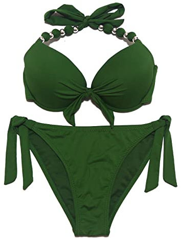 EONAR Damen Seitlich Gebunden Bikini Sets Abnehmbar Bademode Push up Bikinioberteil mit Nackenträger(XXL,Army Green)