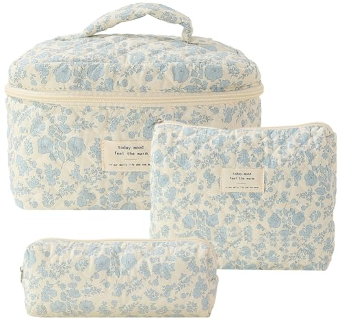 CHAMAIR 3Pcs Coquette Makeup Bag - Quilted Cosmetic Bag Large Make Up Bag Set Aesthetic Floral Toiletry Bag Cotton Travel Skincare Bag for Women Ladies Girls (Style B1)