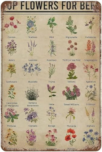 Top Flowers for Bees Poster, Wandkunst, Garten, Blechschild, Dekoration, Vintage-Chic, Metallposter, Wanddekoration, Kunst, Geschenk für Zuhause, draußen, Bauernhof, Garten, Garage, draußen, 14 x 20 c