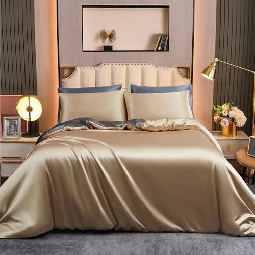 Tospass Satin Seide Bettwäsche 155x220 cm Gold Beige Grau Anthrazit Wende Bettwäsche Set Glatt Luxus Glanzsatin Deckenbezug Einfarbig Glänzend Bettbezug mit Reißverschluss 1 Kissenbezug 80x80cm