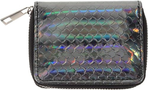 Portefeuille holographique sirène arc-en-ciel pour filles Porte-monnaie avec fermeture éclair, Noir , Classique